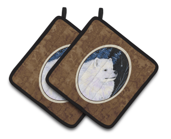 Starry Night Samoyed Pair of Pot Holders